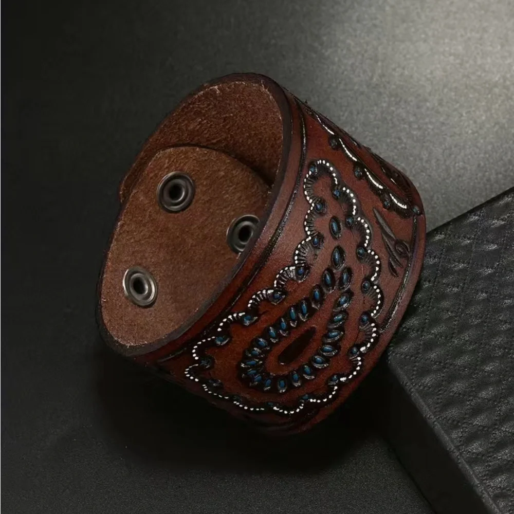 1pc Trendy‎ Creative Pu Leather Bracelet Carved Oil Drop Punk Braided Decorative